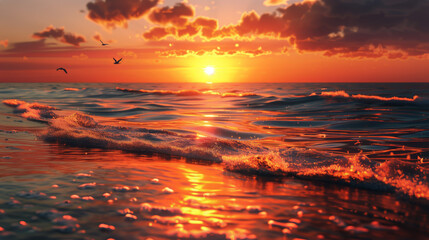 Stunning ocean sunset with glowing waves and birds