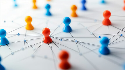 Colorful networking stickers depicting connections between various individuals on a table