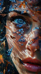 Fototapeta premium Close-up Portrait with Abstract Leaves and Shattered Glass