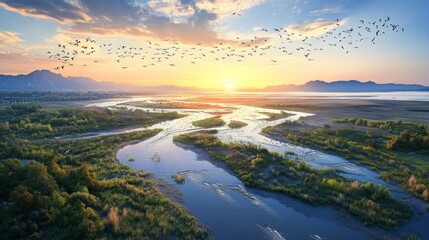 Fototapeta premium A Serene Sunset Over a Winding River and Mountains with Flocks of Birds Flying