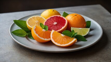A vibrant assortment of citrus fruits, including oranges, lemons, limes, and grapefruits, beautifully arranged on a decorative plate