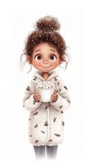 Fototapeta premium A cheerful girl holds a cup of hot cocoa, adorned in a cozy, patterned robe with light snowflakes in her hair, evoking a warm winter atmosphere.