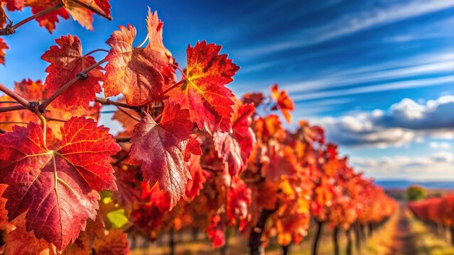 Close-Up vine branch against blue sky with red foliage in autumn