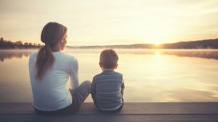 Mother and Son Enjoying Peaceful Lakeside Moments
