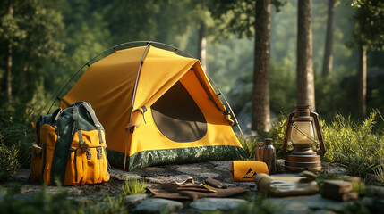 A vibrant camping setup featuring a yellow tent and essential gear near a serene forest