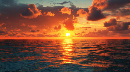 Obraz premium Great sunset over the ocean beautiful imaginary sunset. Breathtaking Ocean Sunset With Vibrant Orange Sky and Clouds. Perfect for themes of tranquility, beauty, and nature's splendor.