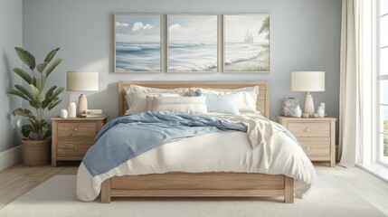 A serene bedroom featuring a bed, artwork, and plants for a calming atmosphere.