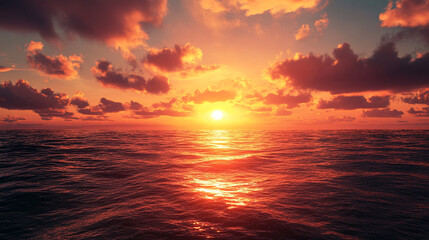 Obraz premium Stunning ocean sunset showcasing a vibrant orange sky with scattered fluffy clouds, reflecting on the water's surface. Perfect for themes of tranquility, beauty, and nature's splendor.