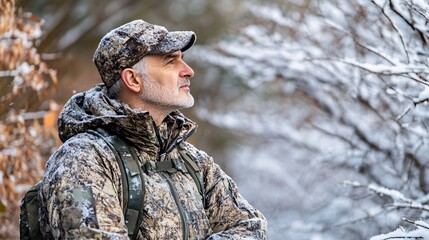 Obraz premium BIPOC elderly man with his hunting gear, tracking wildlife in a snowy wilderness Stock Photo with side copy space