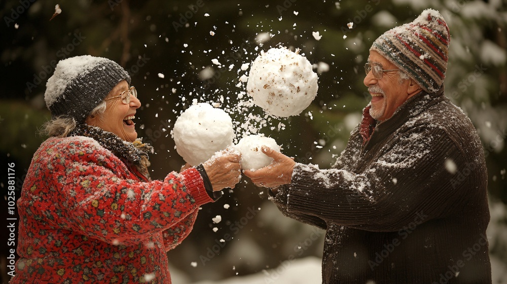 Poster elderly friends laughing as they toss snowballs at each other, with snowflakes falling all around th