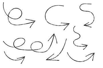 grunge arrow . Set of black hand drawn grunge doodle spiral and curved charcoal, chalk arrows on white background. Scribble symbols of direction pointers, swirl arrow elements for infographic design