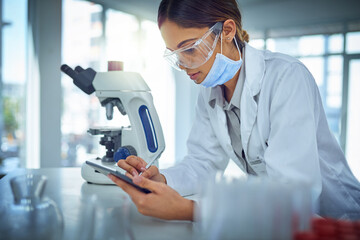 Woman, scientist and tablet for medical research for pathology test in pharmaceutical. Female...