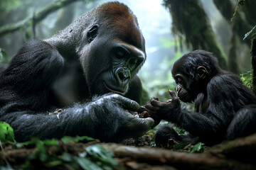 Naklejka premium Gorilla and baby gorilla in lush forest