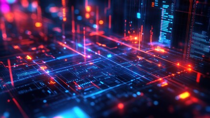 Obraz premium A vibrant digital landscape showcasing interconnected data streams and circuits.