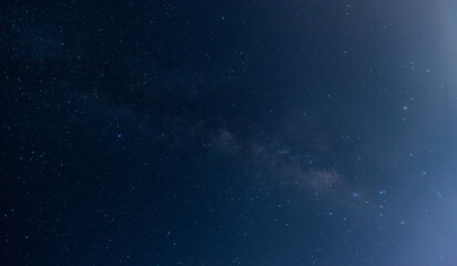 Amazing Panorama blue night sky milky way and star on dark background.Universe filled with stars, nebula and galaxy with noise and grain.Photo by long exposure and select white balance.selection focus