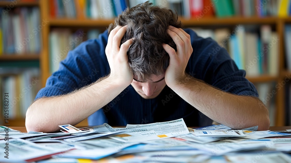 Poster man sitting at a desk with his head in his hands surrounded by overdue bills and credit card stateme