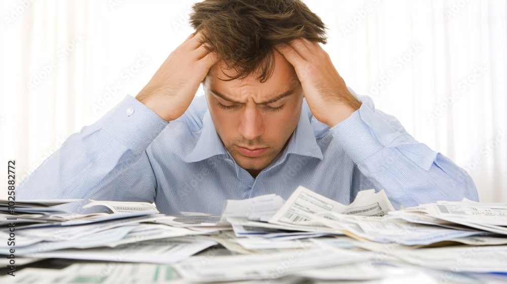 Poster man sitting at a desk with his head in his hands surrounded by overdue bills and credit card stateme