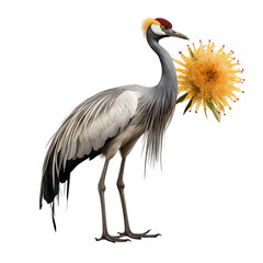 Obraz premium Elegant crane holding a vibrant yellow flower on a calm background