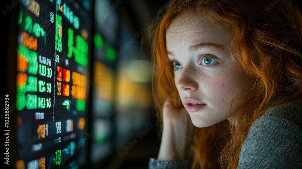 Poster Woman staring at a computer screen with a concerned expression while looking at declining stock market charts Stock Photo with side copy space