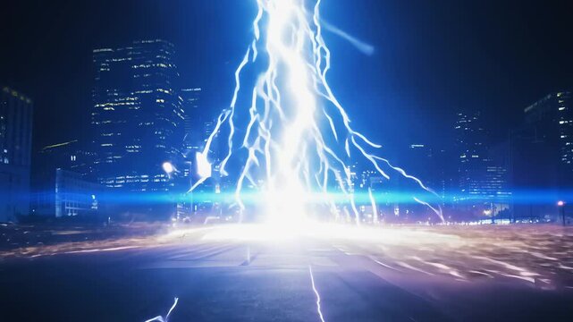 A bright lightning bolt strikes the ground in a futuristic city, sending electric waves through the streets, illuminating buildings with intense blue light.