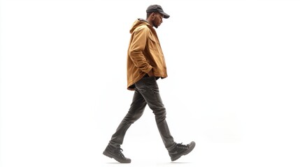 Man walking in casual outfit with hands in pockets, full-body shot on white background. Relaxed pace