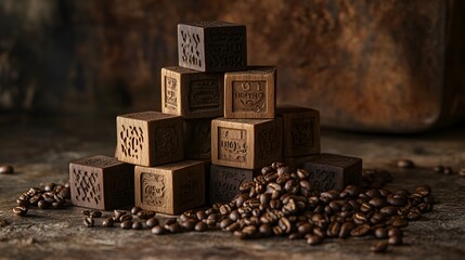 Obraz premium A visually appealing stack of wooden blocks with years intricately etched on their surfaces, positioned beside scattered coffee beans, all set against a textured background that adds depth and 