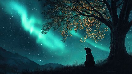 Fototapeta premium A dog quietly sitting under a tree, gazing at the vibrant northern lights dancing in the starry night sky