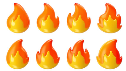 Grid Layout of Eight Identical Flame Emojis Two Rows of Four Against White Background, Featuring Vibrant Yellow to Deep Orange Gradient, Cartoonish Design, and Glossy Three-Dimensional Look, 3D Render
