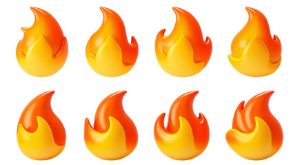 Grid Layout of Eight Identical Flame Emojis Two Rows of Four Against White Background, Featuring Vibrant Yellow to Deep Orange Gradient, Cartoonish Design, and Glossy Three-Dimensional Look, 3D Render