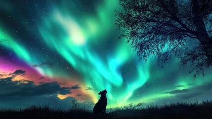 Fototapeta premium A dog under a tree, peacefully watching the northern lights swirl in vibrant colors across the sky