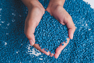 Blue plastic grain, plastic polymer granules,hand hold Polymer pellets, Raw materials for making...