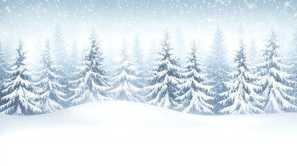 A snowy forest scene with pine trees covered in snow.