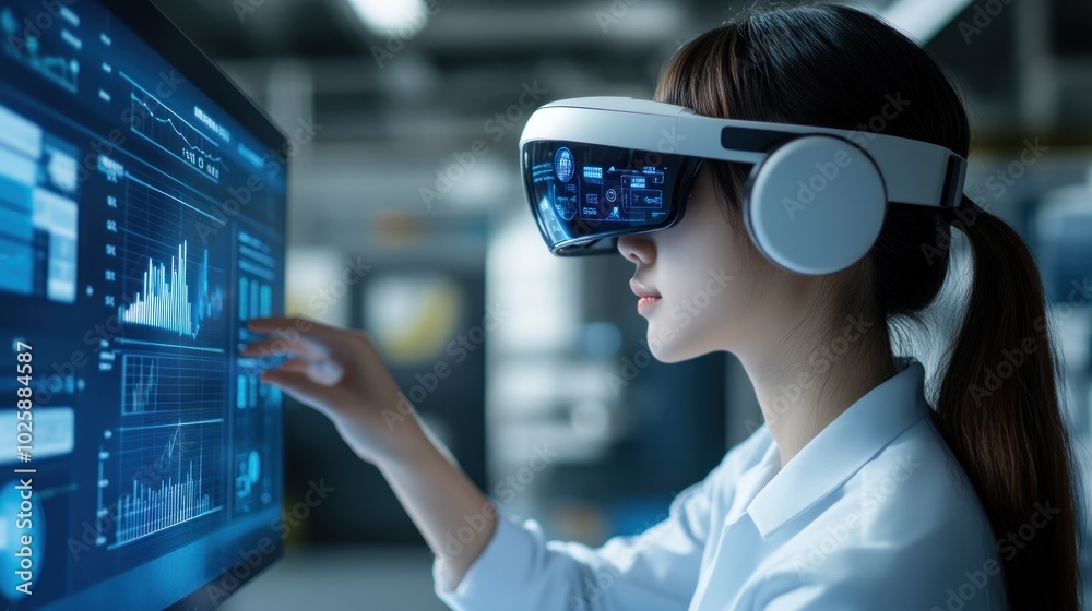 Poster Woman in Virtual Reality Headset Analyzing Data on Computer Screen