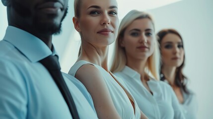 Obraz premium Group of Business People Standing Together, Closeup Shot, Light Blue Theme, Plain Office Background, Epic Shot, Group