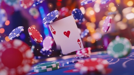 A pile of poker chips and a card with the letters AK on it