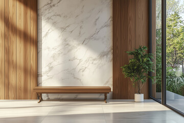 Rustic Wood Log Bench and Stucco Wall in Boho Country House Living Room Design