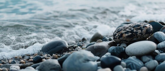 Obraz premium Ocean waves gently lap against rocky shore, where smooth stones interact with sea foam, creating a vivid blend of textures and natural harmony.