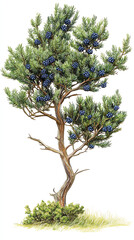 Unique tree with blue berries, white background