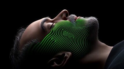 Biometric Scan: Close-up of a man's face, with a green biometric scan overlay, highlighting the intricate details of facial recognition technology.  A futuristic concept of identity verification. 