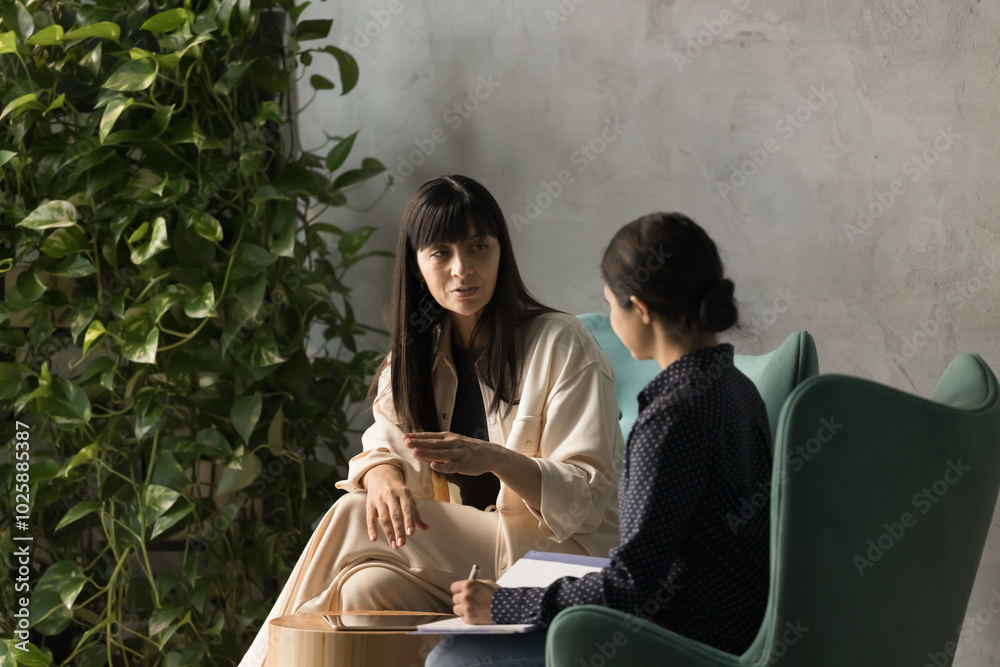 Poster serious middle aged businesswoman, mentor teaching young female intern, sitting in office armchair, 