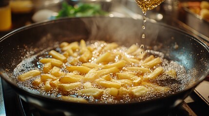 Golden fries sizzling in hot oil, creating a crispy texture in a frying pan, surrounded by steam and a vibrant kitchen atmosphere.