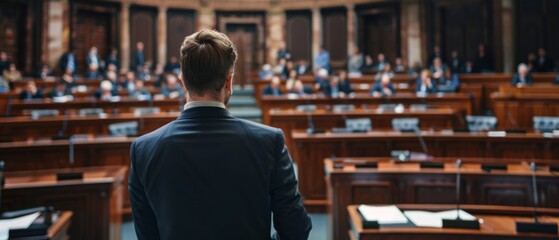 A man stands confidently at a podium, addressing an attentive assembly in a grand, wood-paneled chamber. The atmosphere is formal and engaging.