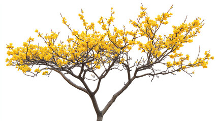 Yellow flowered tree, white isolated background