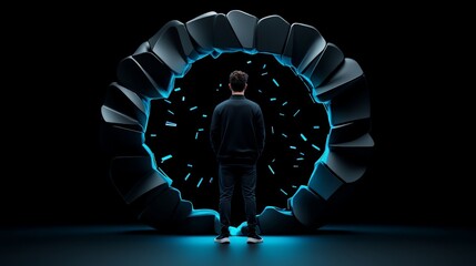 The Edge of Discovery: A lone figure stands before a glowing, fractured portal, bathed in an ethereal blue light.  This captivating image evokes a sense of mystery, adventure, and the unknown.