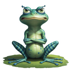 Fototapeta premium A blue-green frog sitting on a lily pad, arms crossed, looking annoyed; 3D cartoon stylized illustration