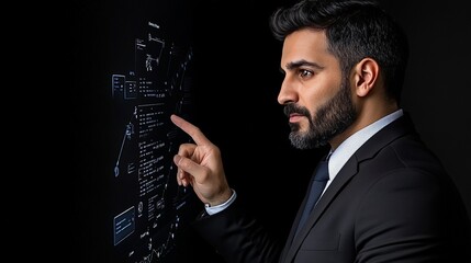 The Digital Architect: A man in a suit, with a beard, stares intently at a holographic digital interface, showcasing his technological expertise and visionary mindset.
