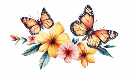 Obraz premium Vibrant butterflies flutter above colorful tropical flowers in a serene setting.