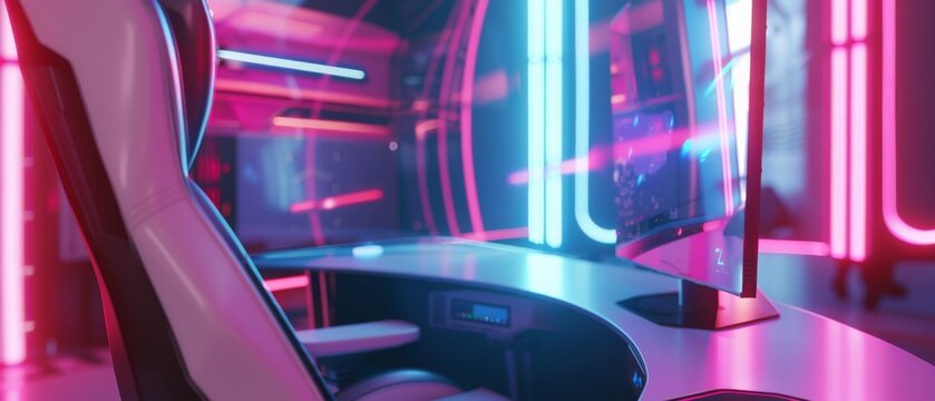 In a sleek control room, illuminated colored panels and a high-tech setup highlight cutting-edge digital design and advanced communication systems.