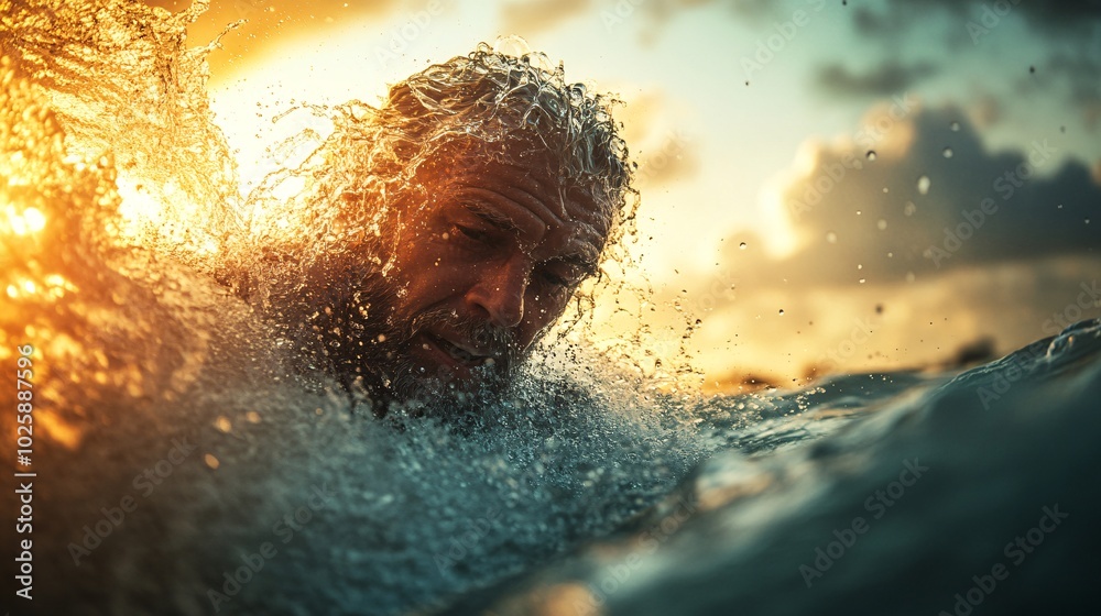 Poster senior wakeboarder performing tricks on the water while being pulled by a boat stock photo with side