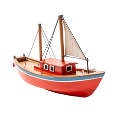 A vibrant red model boat with sails displayed against a plain background